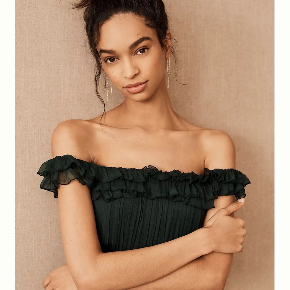 BHLDN Antoinette Dress: Emerald Green Ruffles